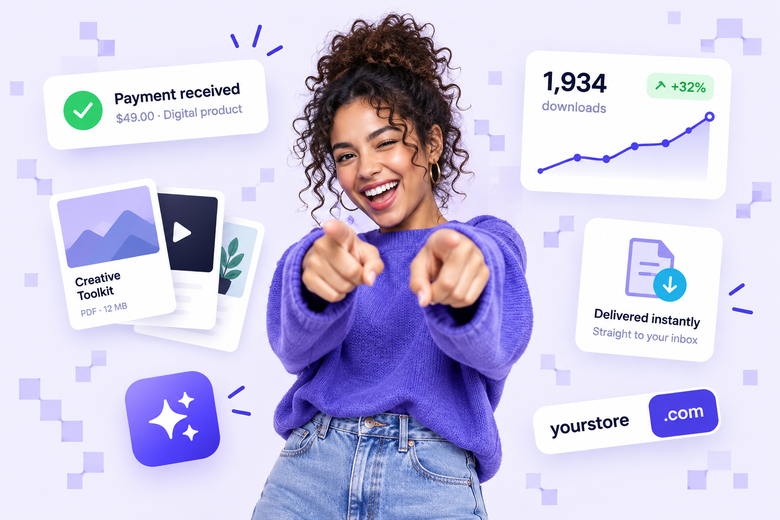 Illustration of a creator selling digital products: payment received, instant delivery and growing download stats
